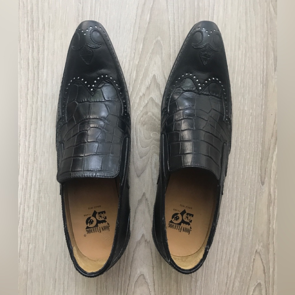 FLUEVOG, Iggy- Black Croc-Embossed Slip-On Loafers, size 9